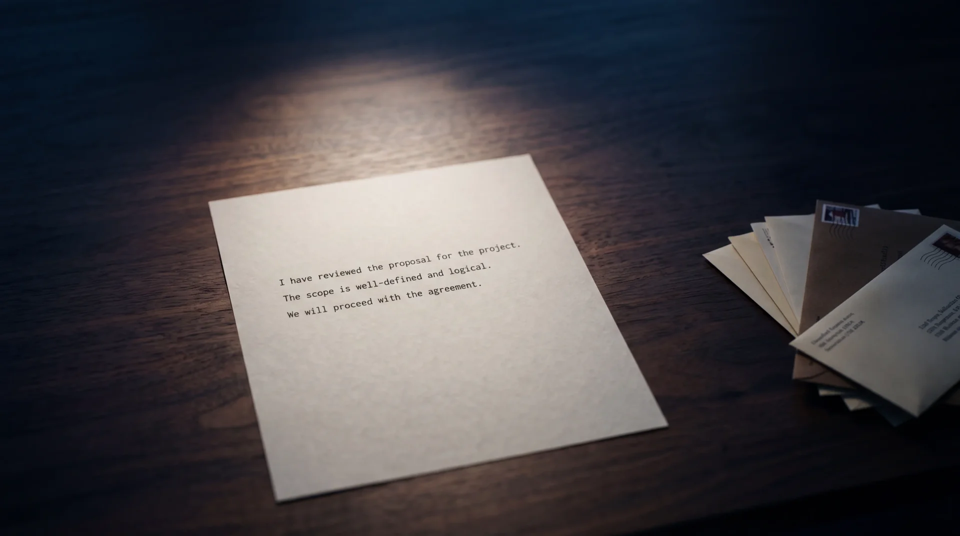A short three-line email draft typed on cream paper, resting on a dark walnut desk under a soft cool spotlight, with a stack of unopened envelopes faintly visible in the shadow at the right edge.