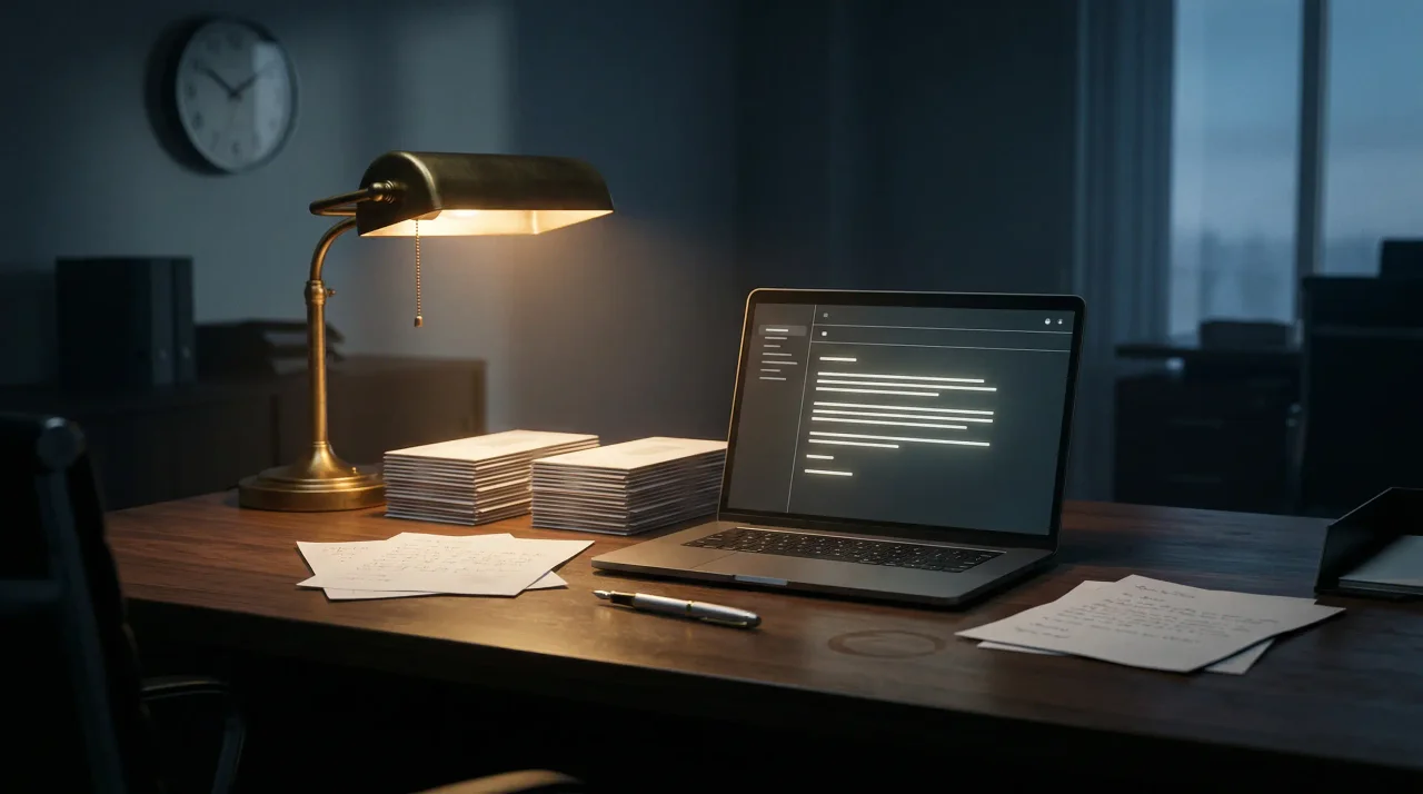 A dimly lit office desk at night with a brass banker's lamp casting warm light over a laptop displaying text, stacks of envelopes and scattered papers, a pen, and a wall clock in background.