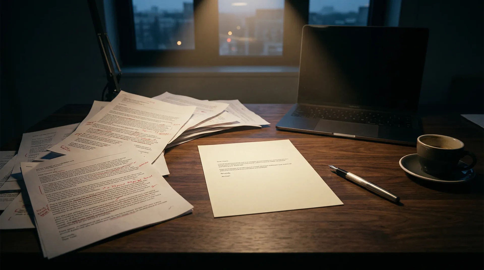 Desk scattered with many annotated pages around one clean centered note in warm light, capturing the contrast between bloated AI drafts and one send-ready reply.