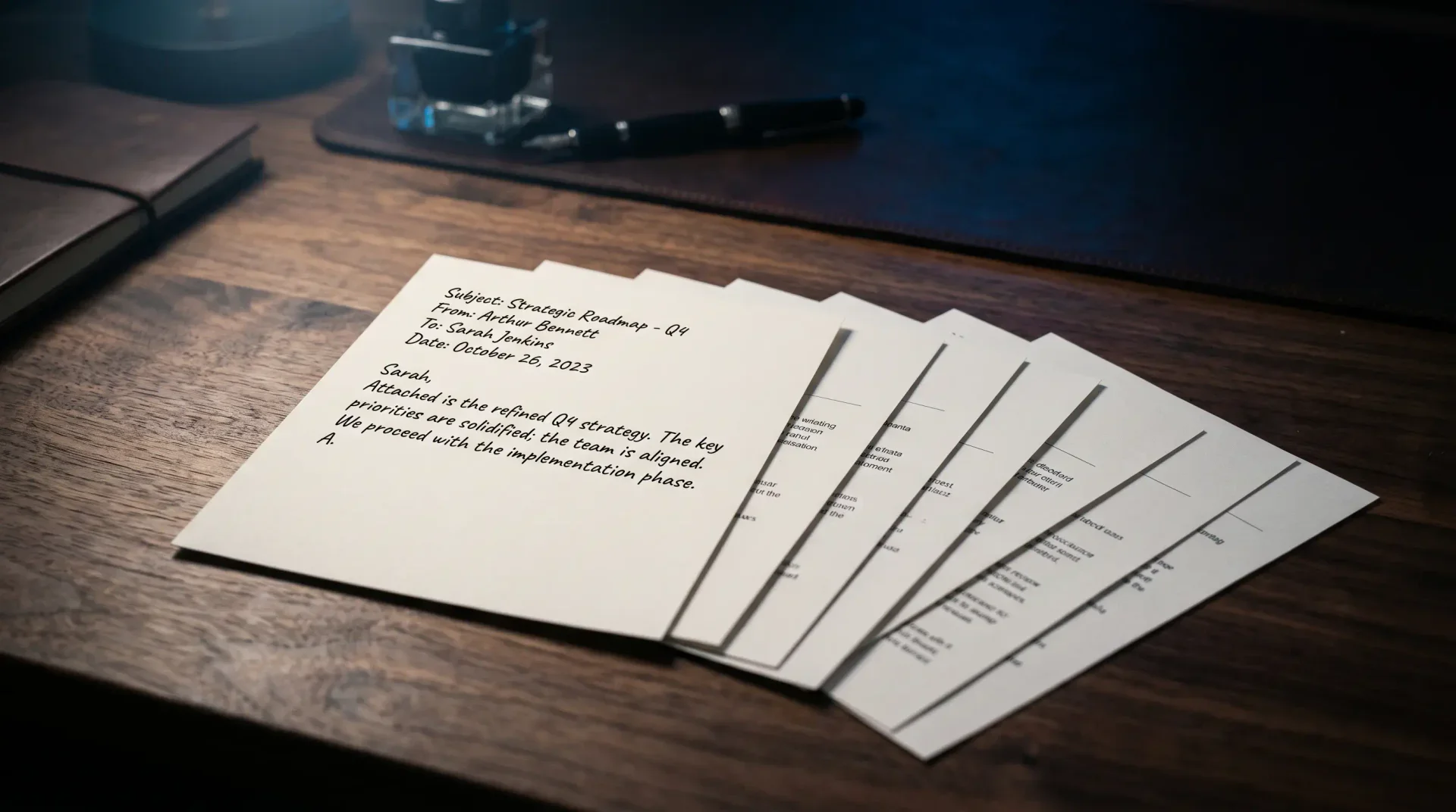A dark desk with eight printed email drafts laid side by side, one clean reply centered above the rest with blue pencil marks showing edits removed.