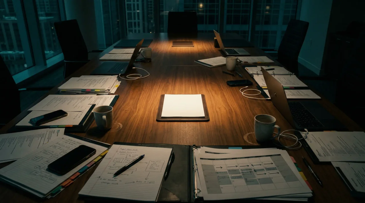 Dimly lit boardroom table with a single illuminated notebook at the center, surrounded by laptops, documents, and coffee cups.
