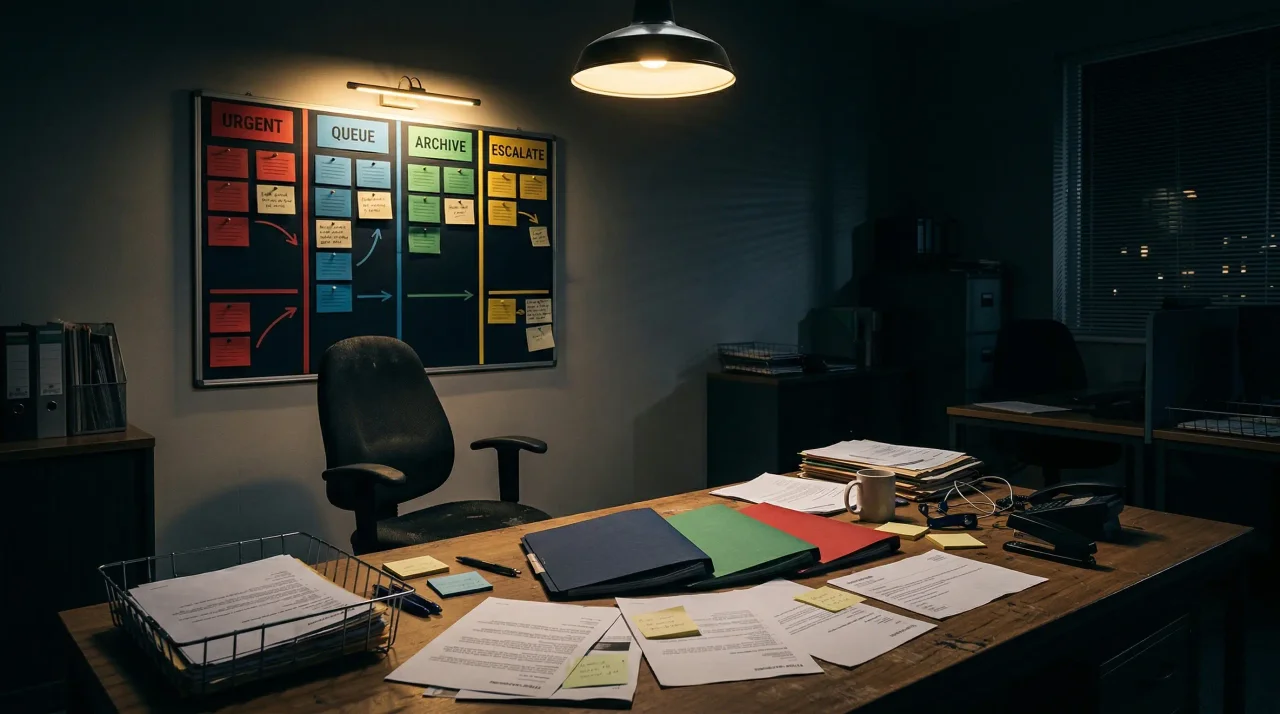 A dark editorial operations room where scattered email paperwork converges toward a lit shared-inbox triage board, showing chaos turning into clear ownership.