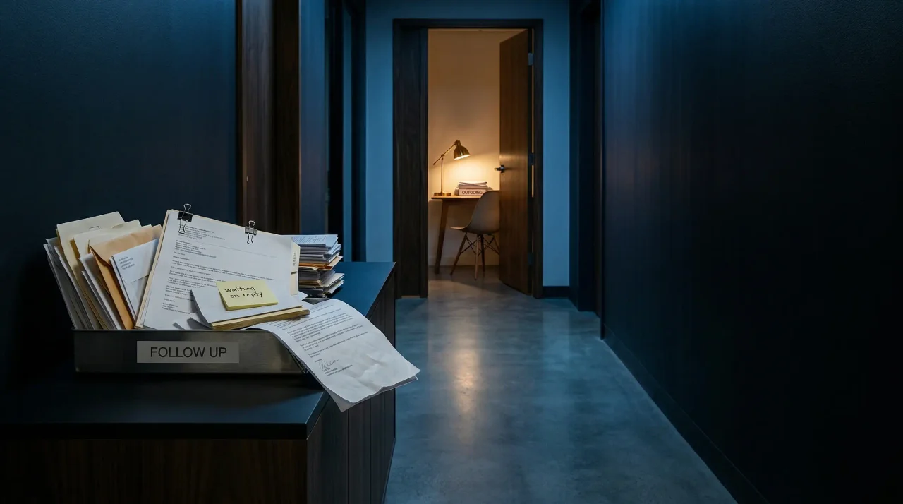 A dark office corridor with an overflowing follow-up tray in the foreground and one warm desk lamp glowing at the far end, visualizing unfinished email threads turning into a calm follow-up system.