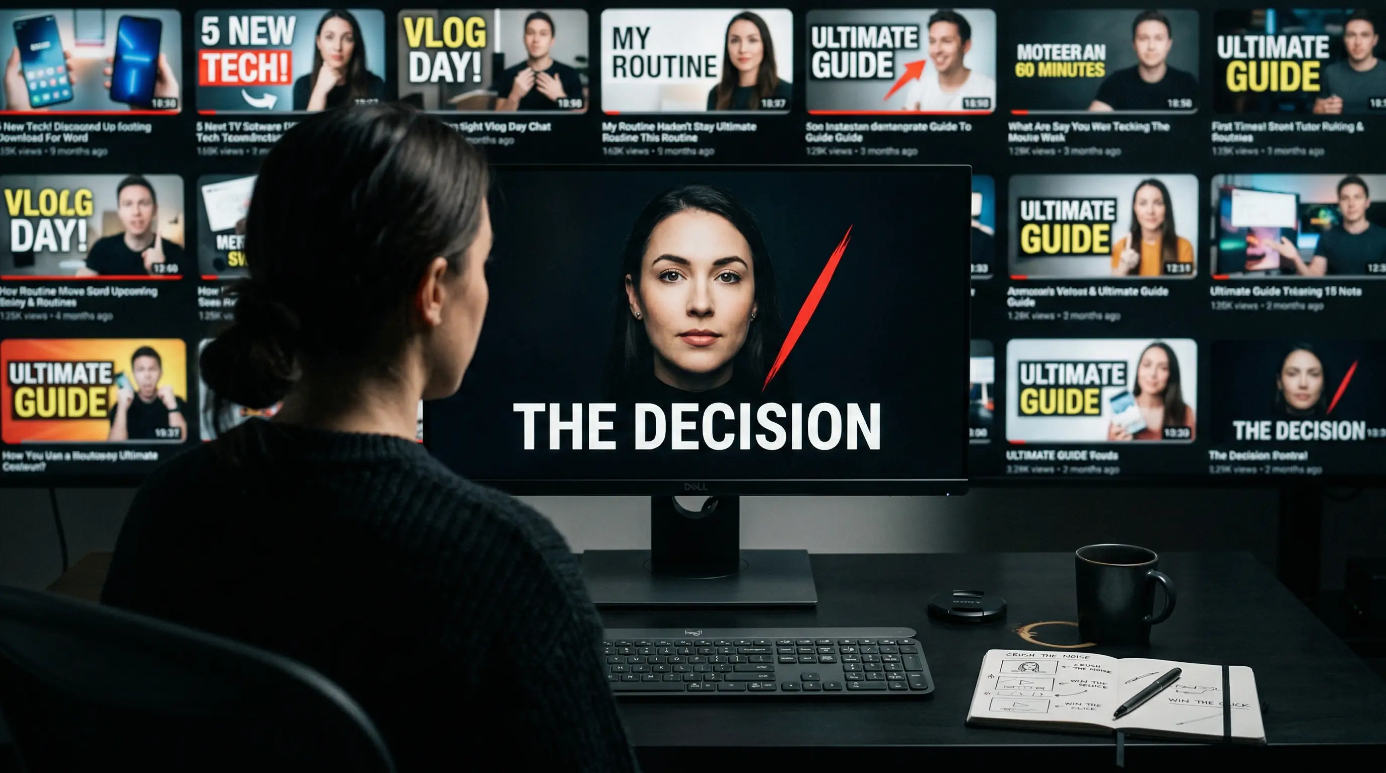 A dark premium editorial desk scene with a nearly empty inbox, one remaining priority item, and calm pre-dawn light, visualizing inbox zero as clarity rather than emptiness.