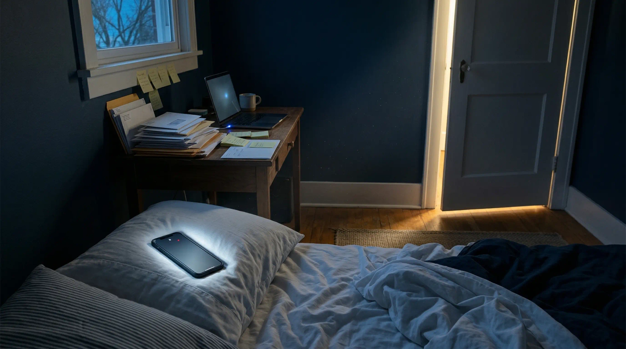 A pre-dawn bedroom with a phone glowing on the pillow and a cluttered email triage desk across the room, turning unread messages into morning dread.