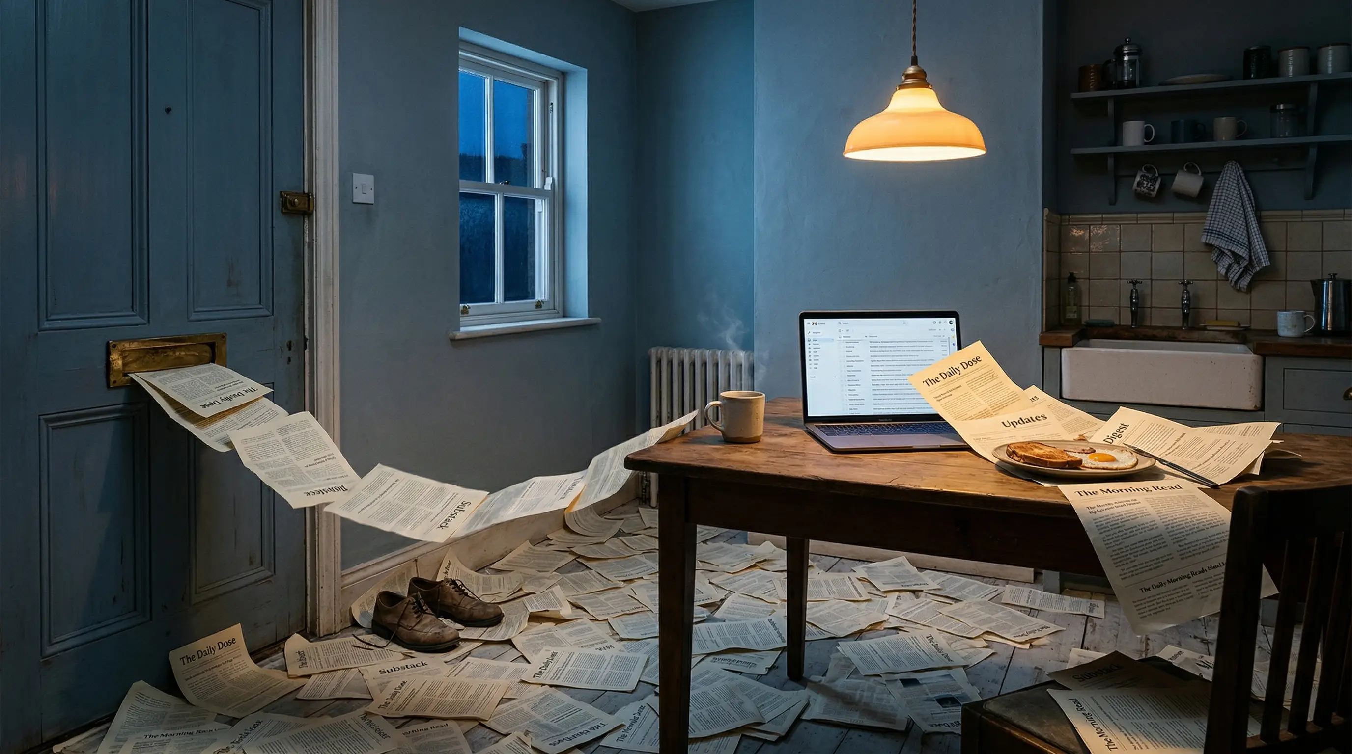 A pre-dawn kitchen table buried under printed newsletters spilling from a laptop and mail slot, turning unread subscriptions into physical clutter and morning dread.