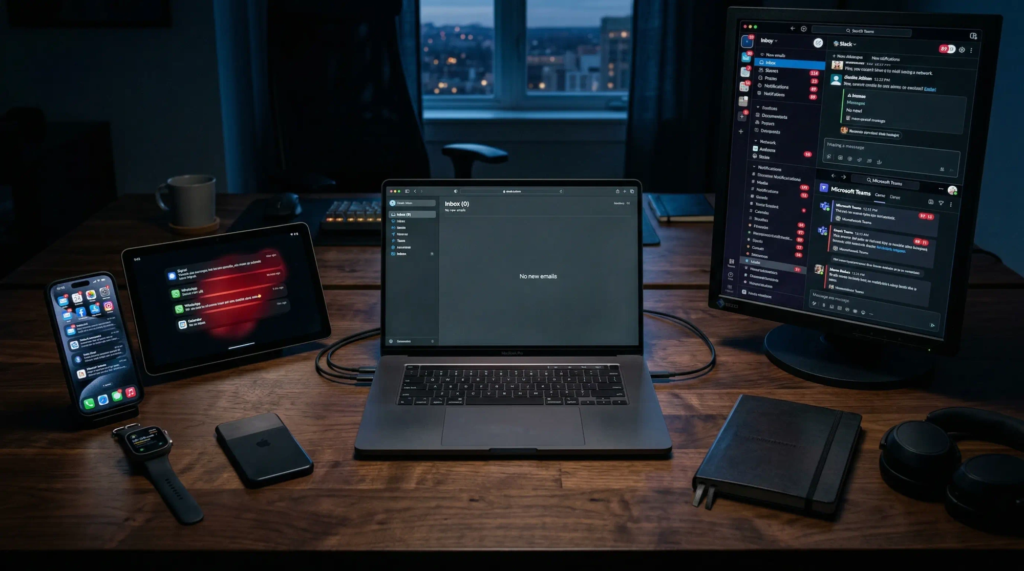 A dark premium workstation with one calm empty inbox centered on a laptop while surrounding devices pulse with unread notification glows.
