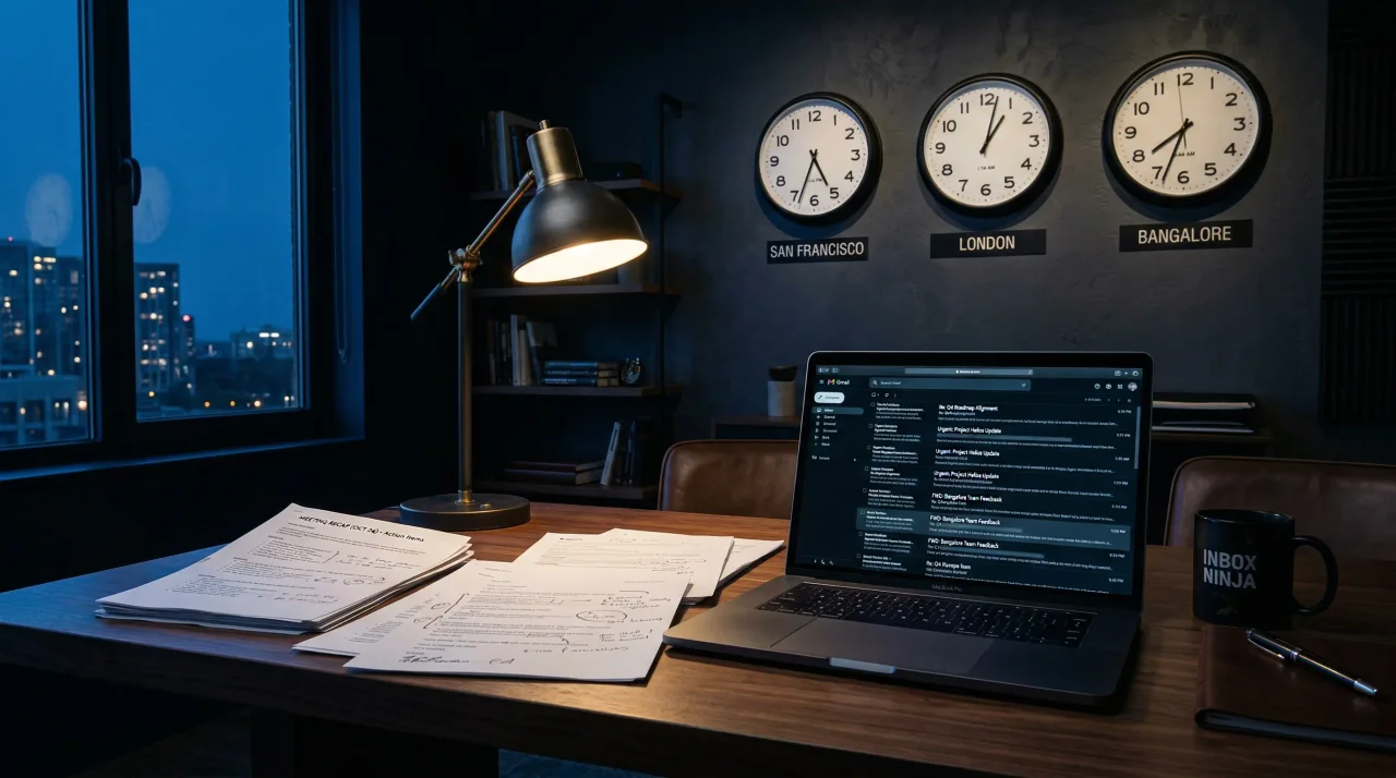 A dark premium home-office scene at blue hour with a glowing laptop, printed email threads, and three world clocks showing San Francisco, London, and Bangalore, visualizing the after-hours coordination tax of remote teams.