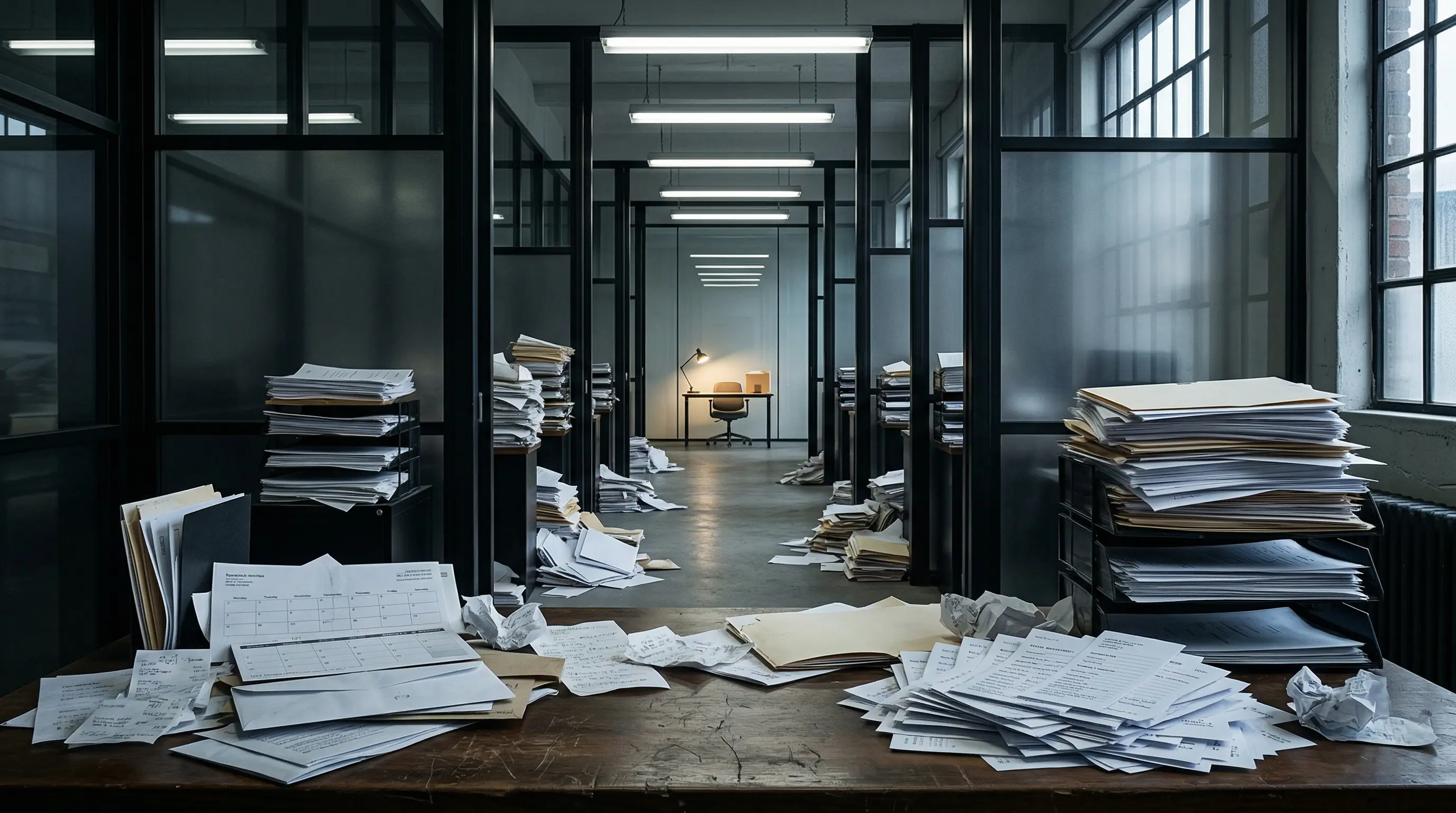 A dark editorial corridor of mail slots, status screens, and loose paperwork collapsing into a single lit desk, visualizing the inbox as the meta-channel where every system dumps its overflow.